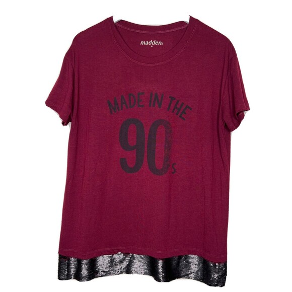 Steve Madden NYC Women's Burgundy Graphic T Shirt Top Sequined Hem XL - Picture 2 of 9